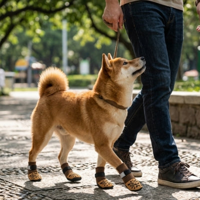 Chien Shiba Inu portant des chaussettes pour chien marron sur un chemin de parc.