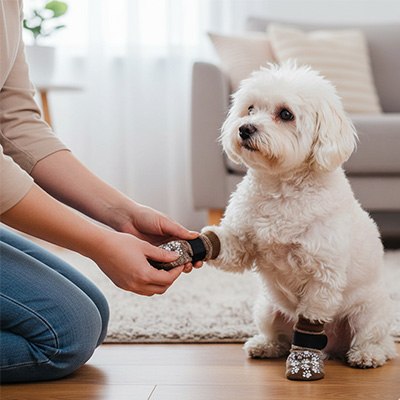 Gros plan sur une femme enfilant des chaussettes pour chien marron à un Bichon Frisé.