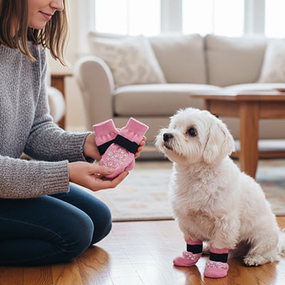 Femme montrant une paire de chaussettes pour chien roses à un Bichon Frisé curieux.