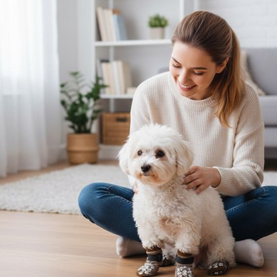Femme assise caressant un Bichon Frisé portant des chaussettes pour chien marron.