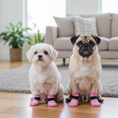 Un Bichon Frisé et un Pug assis côte à côte portant des chaussettes pour chien roses.
