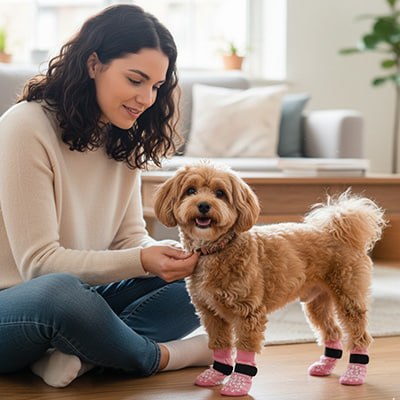 Femme ajustant le collier d'un Cavapoo portant des chaussettes pour chien roses.