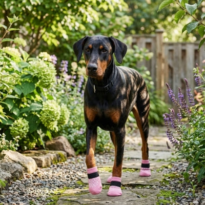 Doberman debout dans un jardin fleuri portant des chaussettes pour chien roses antidérapantes.