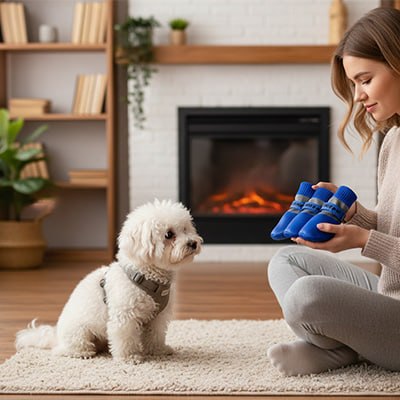Femme assise dans le salon tenant des chaussure chiens bleu avec un bichon rise assis