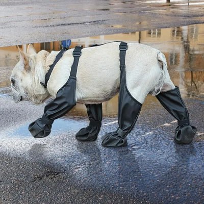 Chien bouledogue français marchant dans l'eau avec des chaussure chiens protectrices.