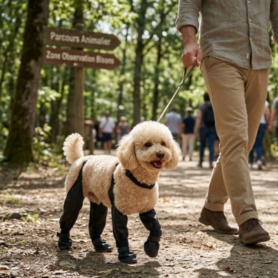 Caniche abricot portant une chaussure chiens sur un sentier forestier balisé.