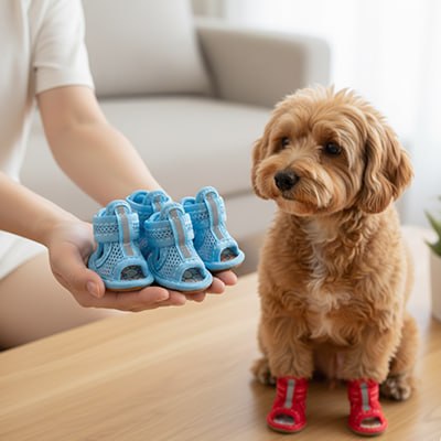 Mains tenant chaussure chiens bleues devant Caniche portant des rouges.