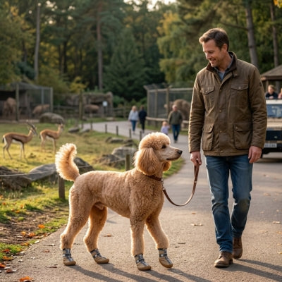 Grand Caniche royal en laisse avec chaussure pour chiens dans un parc animalier.