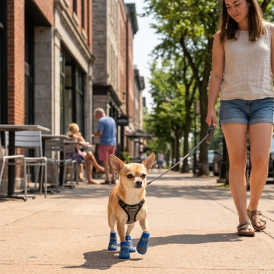 Petit Chihuahua portant des chaussure chiens bleues sur un trottoir ensoleillé.