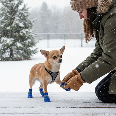 Une femme porte un chaussure chiens bleu à son chihuahua dans la neige