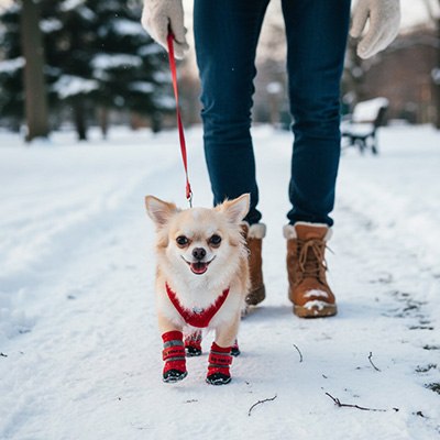un chihuahua qui porte des chaussure chiens rouge qui marche acec son maitre
