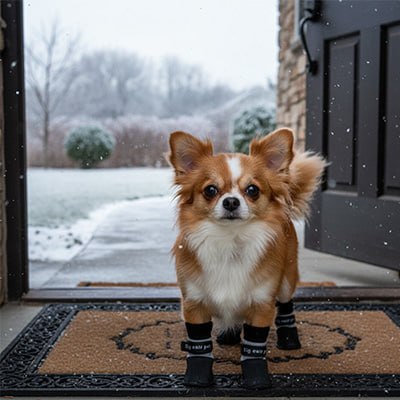 Chihuahua à poil long qui est arrêté devant le portail avec des chaussure chiens noir