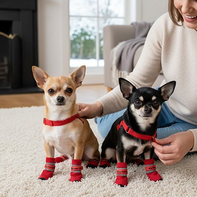 Deux chihuahua portant des chaussure chiens rouge assis dans le salon près d'une femme 