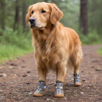 Un Golden Retriever debout portant des chaussures pour chiens gris et beige en forêt.