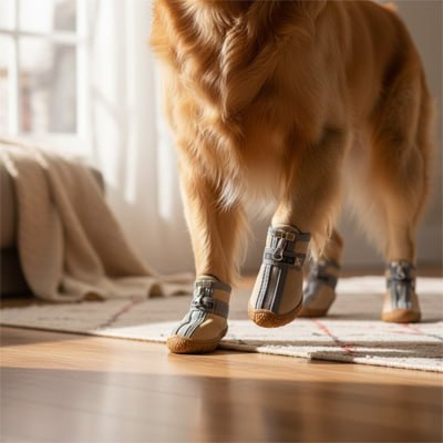 Gros plan sur les pattes d'un Golden Retriever marchant avec une chaussure pour chiens.
