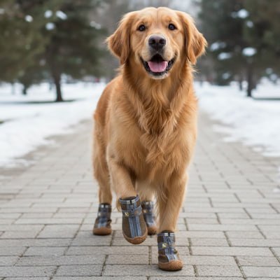 Golden Retriever heureux marchant sur un pavé portant des bottines ou chaussure pour chiens.
