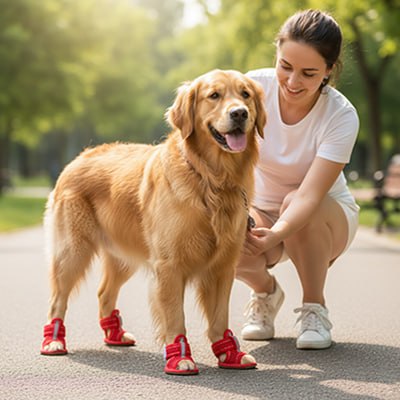 Golden Retriever assis portant des chaussure chiens rouges avec une femme.