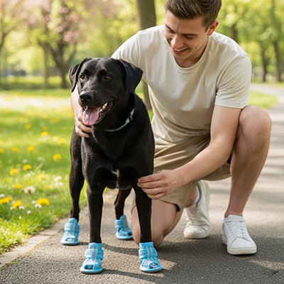 Labrador noir en laisse avec chaussure chiens bleues et homme au parc.