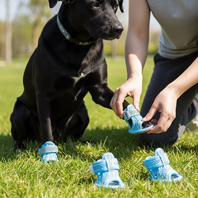 Personne mettant des chaussure chiens bleues à un Labrador noir sur l'herbe.