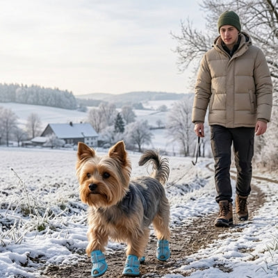 Yorkshire Terrier avec chaussure chiens bleues sur un chemin enneigé.