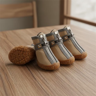 Trois chaussures pour chiens gris et beige et une semelle marron sur une table en bois.
