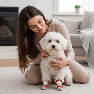 Femme tenant un Bichon Frisé portant des chaussures pour chien rouges dans un salon.