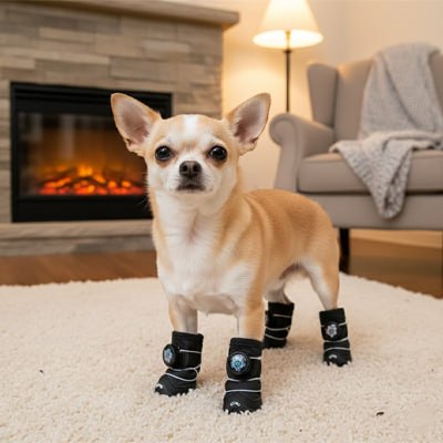 Chihuahua debout devant une cheminée avec quatre chaussures pour chien noires.