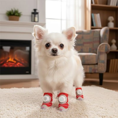 Chihuahua à poil long blanc portant des chaussures pour chien rouges et blanches.