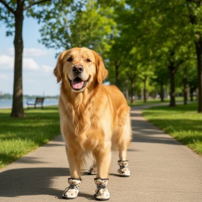 Golden Retriever au parc portant une chaussure pour chien à carreaux, vue de profil.