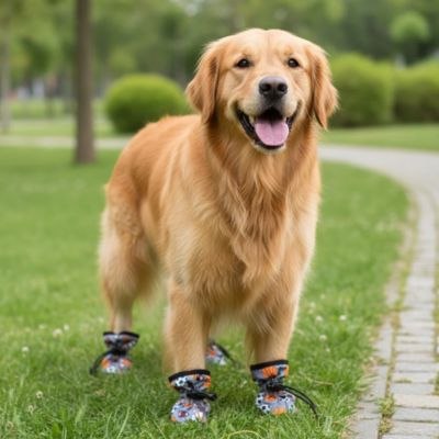 Golden Retriever face caméra sur l'herbe avec sa chaussure pour chien à motif sport.