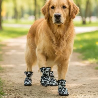 Golden Retriever marchant au parc face caméra avec sa chaussure pour chien à carreaux.