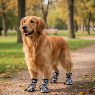 Golden Retriever au parc portant une chaussure pour chien à carreaux, vue de profil.
