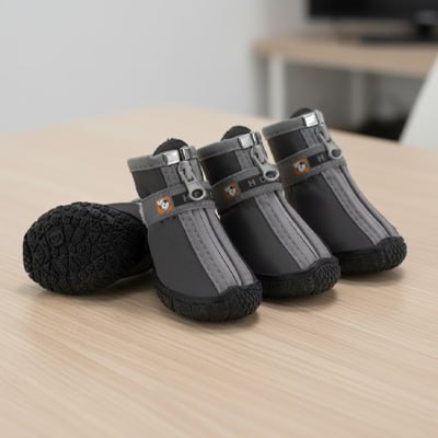 Gros plan sur une chaussure pour chien montante, grise, avec bande Velcro et fermeture éclair.