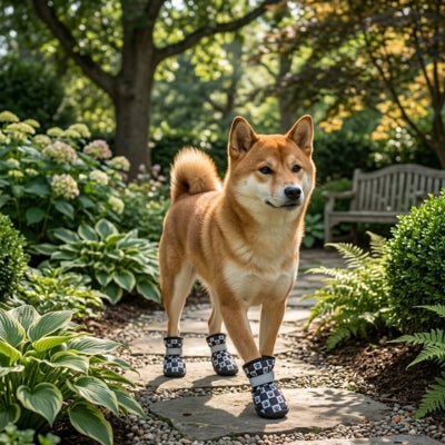 Shiba Inu debout dans un jardin, portant une chaussure pour chien à motif damier.