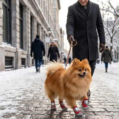 Loulou de Poméranie sur un trottoir enneigé avec des chaussures pour chien rouges et blanches.