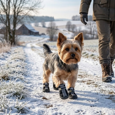 Yorkshire Terrier marchant dans la neige avec une chaussure pour chien grise et noire.