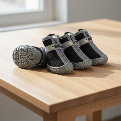 Lot de quatre chaussures pour chien noires et grises avec fermetures éclair sur une table en bois.