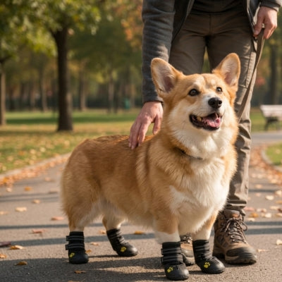Corgi en laisse portant des chaussures pour chien sur une allée de parc en automne.