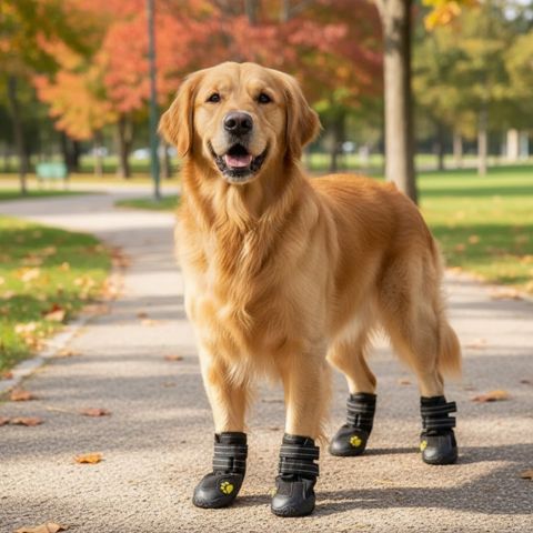 Chien Golden Retriever portant des chaussures pour chien sur une allée de parc en automne.
