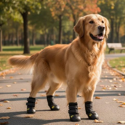 Golden Retriever posant sur une allée parsemée de feuilles avec des chaussures pour chien.
