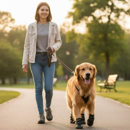 Femme souriante promenant un Golden Retriever avec des chaussures pour chien au parc.