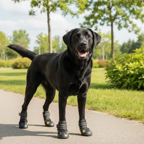 Un Labrador noir debout sur un sentier ensoleillé, équipé de chaussures pour chien.