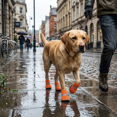 Labrador en chaussures pour chien orange sur un trottoir humide en ville sous la pluie.