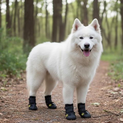 Grand chien Samoyède blanc portant des chaussures pour chien sur un chemin de forêt.