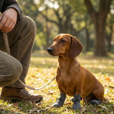 Teckel portant des chaussures pour chien grises assis dans un parc ensoleillé.