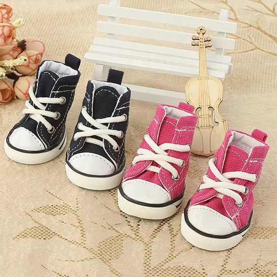 Deux paires de chaussures pour chien en toile, bleues et roses, avec un mini violon en bois.