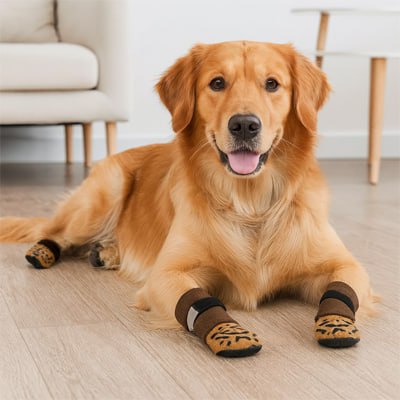 Golden Retriever allongé au sol portant des chaussettes pour chien marron et noir.