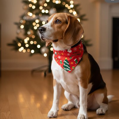 Beagle de profil portant un bandana pour chien rouge "Merry Christmas" avec motif de sapin vert.