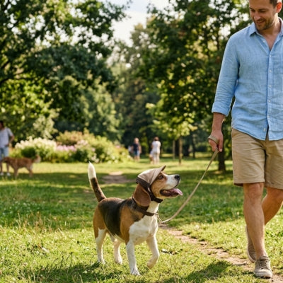 Chien Beagle en laisse avec une des casquettes pour chiens marron dans un parc verdoyant.