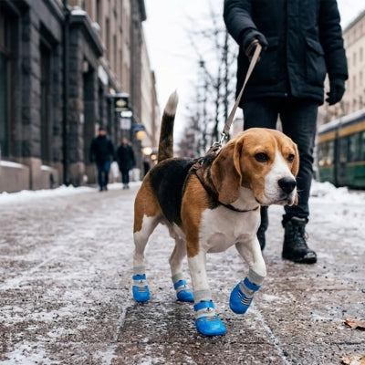 Chien Beagle marchant sur un trottoir de ville enneigé avec des chaussettes pour chien bleues.